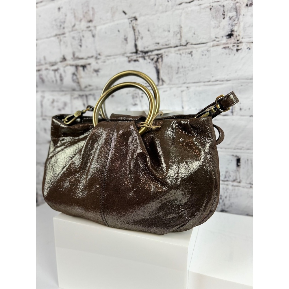 Hobo Brown Leather Metallic‎ Ring Handle Shoulder Bag Purse - Picture 3 of 12